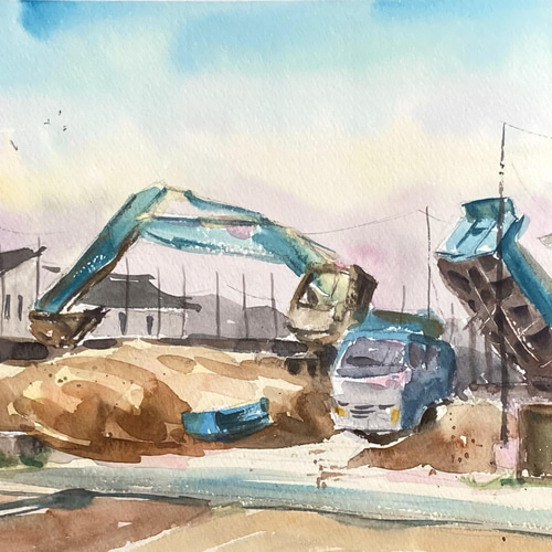 水彩画】原画「 はたらくくるま 」F4：242×332 mm #風景 #工事