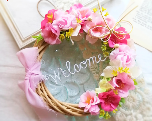 桜と桃の花リース♡水引ちょうちょ♡フレッジリボン♡18～19cm リース