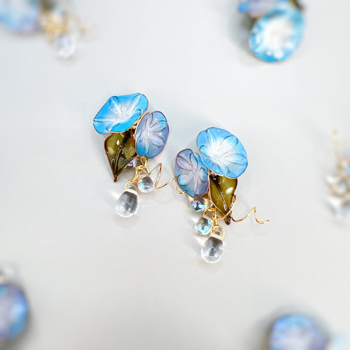 朝顔 ピアス(各種金具変更有) ディップアート アメリカンフラワー お花 シンプル おしゃれ お呼ばれ 推し活 ピアス（フック・チェーン） Cuore  通販｜Creema(クリーマ) 13222357
