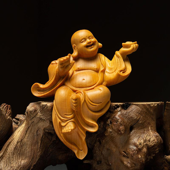 布袋様 七福神 木彫り 仏像 仏教工芸品 置物 精密彫刻 彫刻 杏子の