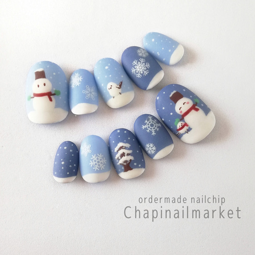雪だるまのクリスマスネイル ネイルチップ（つけ爪） ふらっふぃ
