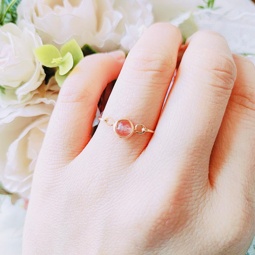 14KGF天然石ストロベリークォーツ6x4mmファセットリング