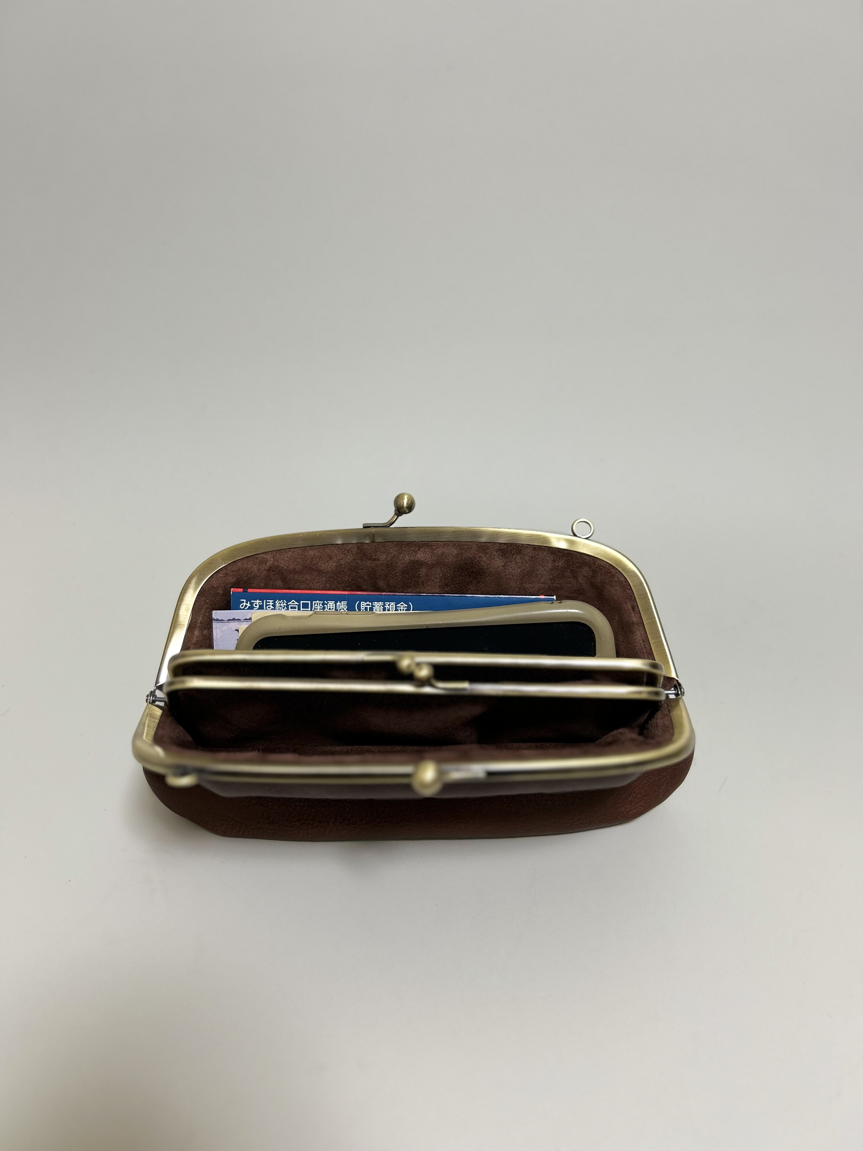 姫路レザー携帯も入る2way親子がま口◆焦げ茶　　車掌バック　ショルダーバック　ポシェット　クリスマス