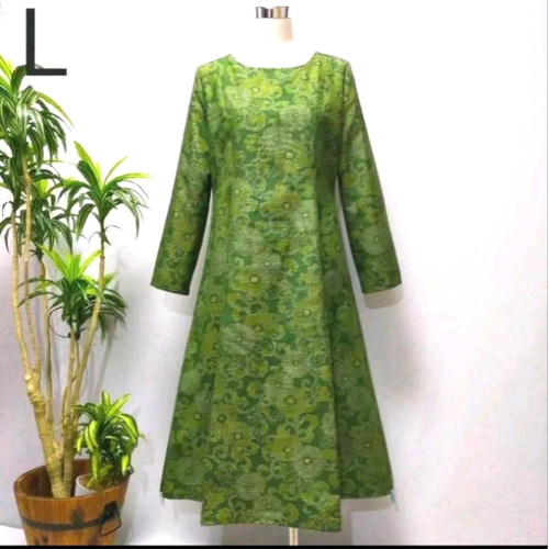 着物リメイク 花柄ロングワンピース Aラインワンピース 2WAY 緑色 長袖  