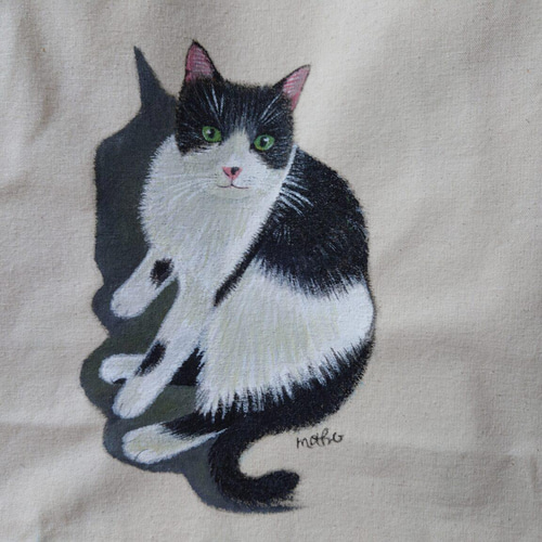 手描きトートバッグ・大】白黒ハチワレ猫さん｜綿100％の一点