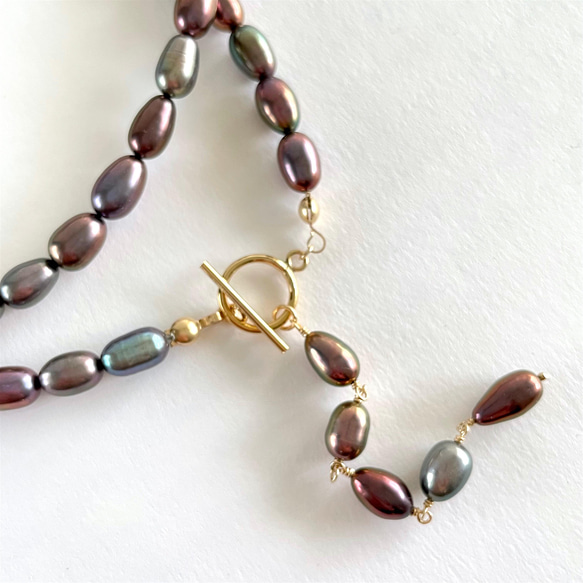 淡水真珠 くすみカラー ライス型パールのロングネックレス  ジェンダーレス 11枚目の画像