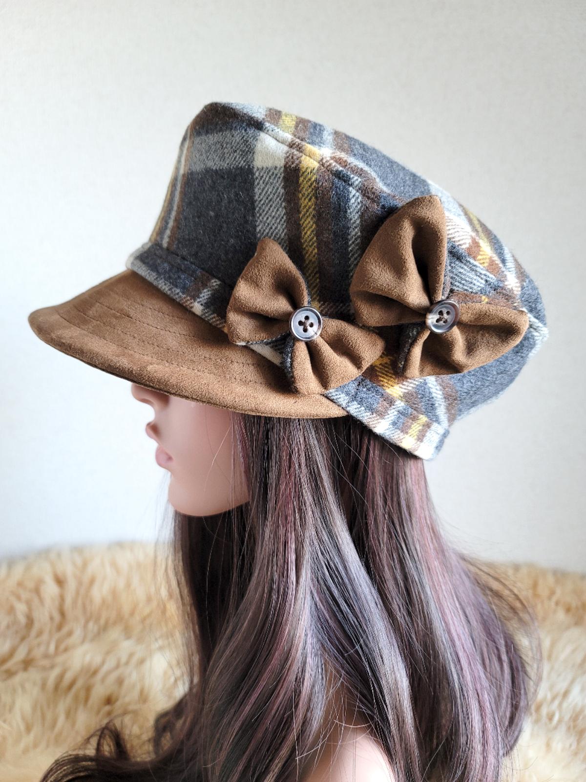 大きめチェック×スエード調★蝶が舞う★60cm★形が決まる★すっきりマリン ＊ キャスケット