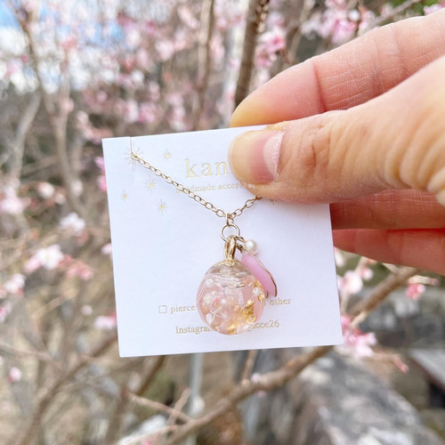 桜と蝶が舞う ハーバリウム ピアス イヤリング 金属アレルギー対応 桜