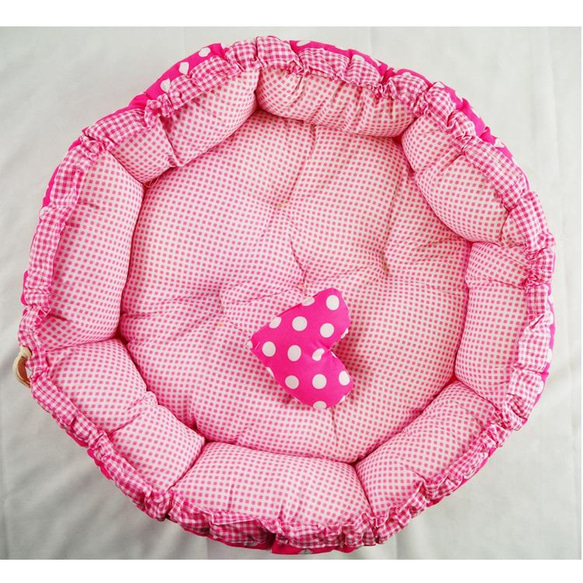 【訳あり】ペットベッド 丸型 ピンク ドット ハート 犬 猫 クッション ペットグッズ 秋 冬 寝具 MA31 3枚目の画像