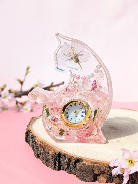 本物桜入り　猫時計　合格、新社会人等　お祝いに 1枚目の画像