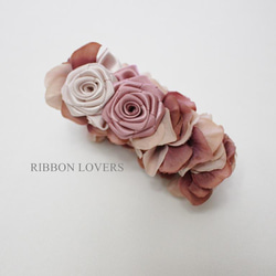 【リボンの薔薇・送料無料】バナナクリップwith紫陽花(ﾜｲﾝﾋﾟﾝｸ) 3枚目の画像