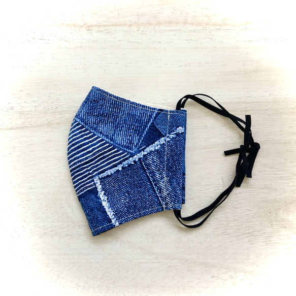 しっとりcottonマスク【パッチワークデニム調▼インディゴブルー】 2枚目の画像