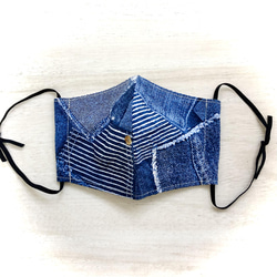 しっとりcottonマスク【パッチワークデニム調▼インディゴブルー】 1枚目の画像