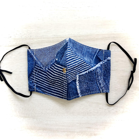 しっとりcottonマスク【パッチワークデニム調▼インディゴブルー】 1枚目の画像
