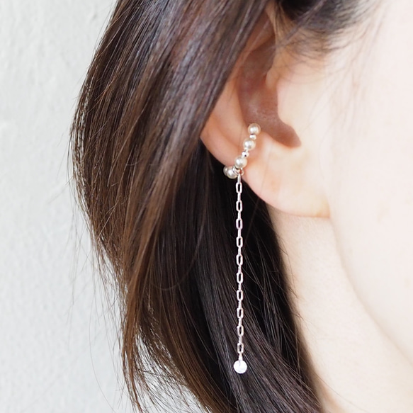 クリスタルパールとジルコニア付チェーンのロングイヤーカフ（片耳用