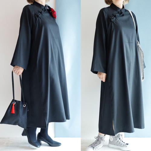 チャイナカラーワンピース シノワズリな衿元 ゆったりデザイン