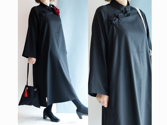 中式連身裙，中式領子，寬鬆設計，一年四季黑色，適合從休閒時尚到正式場合。 第4張的照片