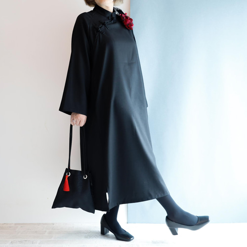 チャイナカラーワンピース シノワズリな衿元 ゆったりデザイン