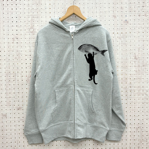 反省猫 ジップパーカー 杢グレー ユニセックス メンズ レディース ねこ
