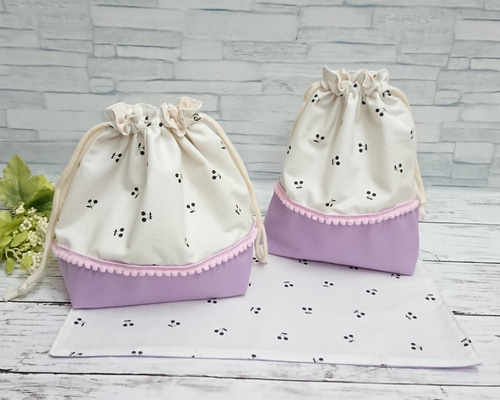 さくらんぼのお弁当袋・コップ袋・ランチョンマット3点セット 弁当袋 M