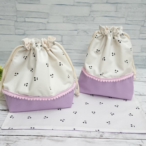 さくらんぼのお弁当袋・コップ袋・ランチョンマット3点セット 弁当袋 M