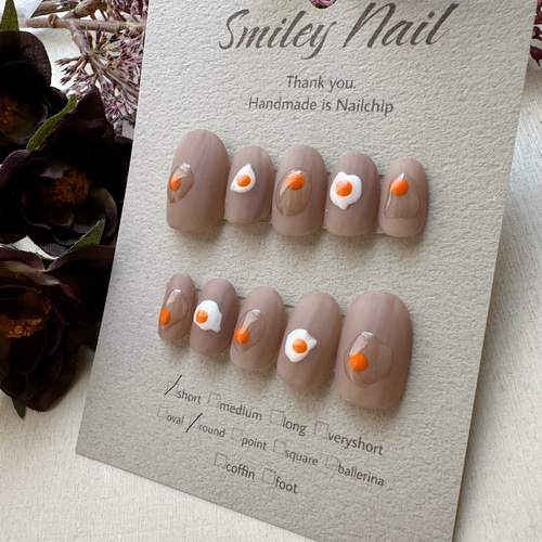 102》卵 玉子 食べ物 ネイルチップ 白 シアーグレージュ 個性派  