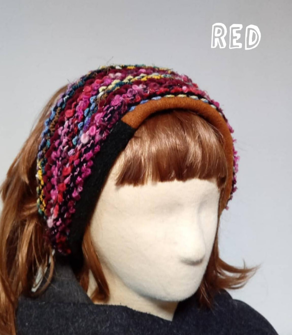 織りヤーンヘアバンド　　秋冬用　レッド 2枚目の画像