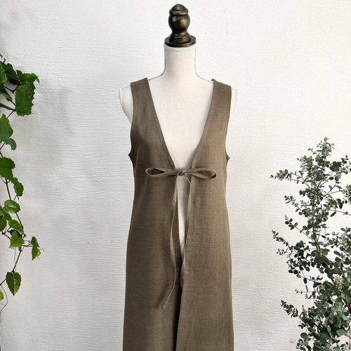 A.Nene✿ノースリーブ・割烹着 /2WAYエプロン/国産リネン/OLIVE