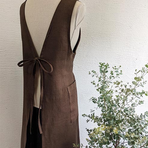 A.Nene✿ノースリーブ・割烹着 /2WAYエプロン/国産リネン/OLIVE