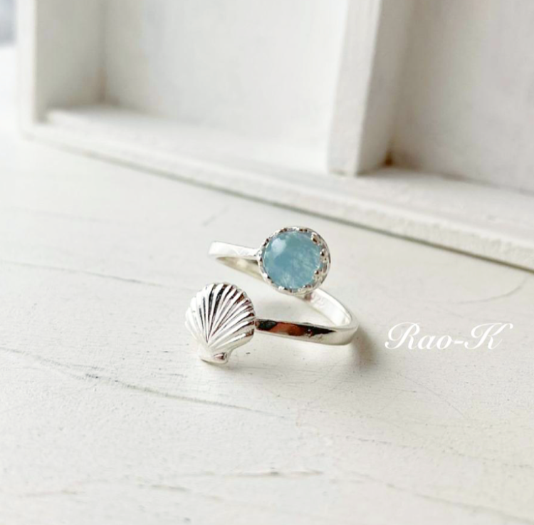 ✨silver925シェルのアンティーク調リング〜アクアマリン