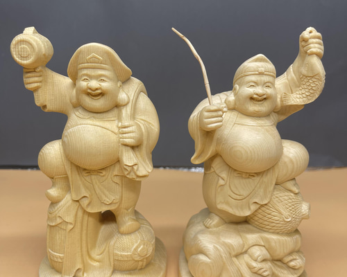 大黒天 惠比寿一式 木彫り仏像 七福神 精密彫刻 仏教工芸品 福運 彫刻