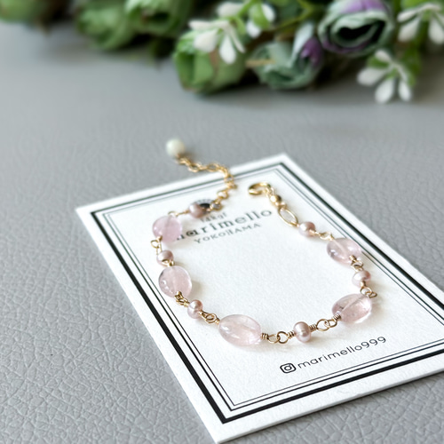 14kgf*モルガナイトと淡水パールのステーションブレスレット*天然石