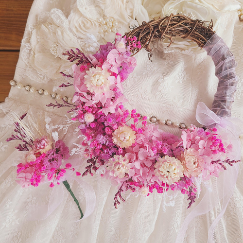 ドライフラワーリースブーケとブートニア～春の雪 ブーケ fumi 通販