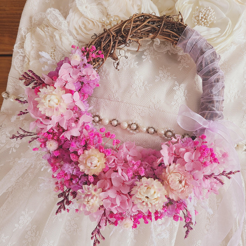 〜❇︎〜春待ちドライフラワーリースブーケブートニアブライダルブーケ〜❇︎〜 ドライフラワーリースブーケとブートニア～春の雪 ブーケ fumi 通販