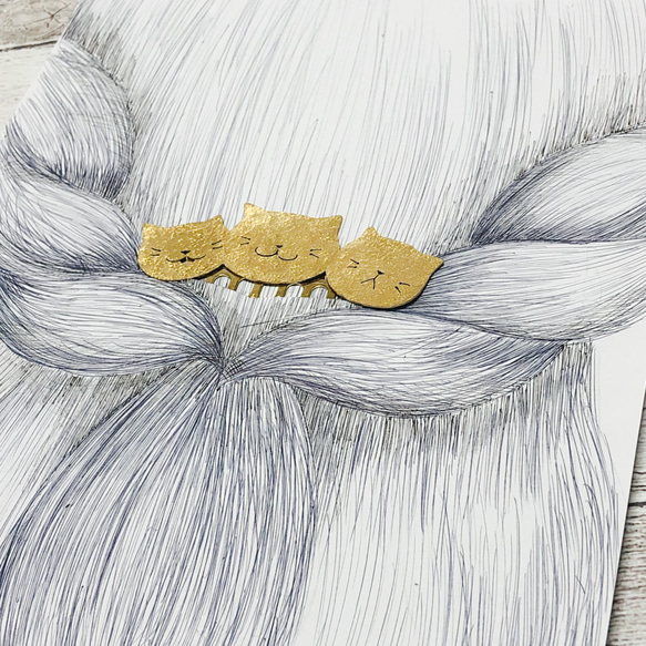 【再販!】猫団子三兄弟 ヘアコーム 真鍮アクセサリー /シンプルな猫アクセサリー 7枚目の画像