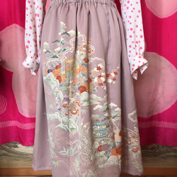 着物リメイクスカート 薄紫系花柄 1枚目の画像