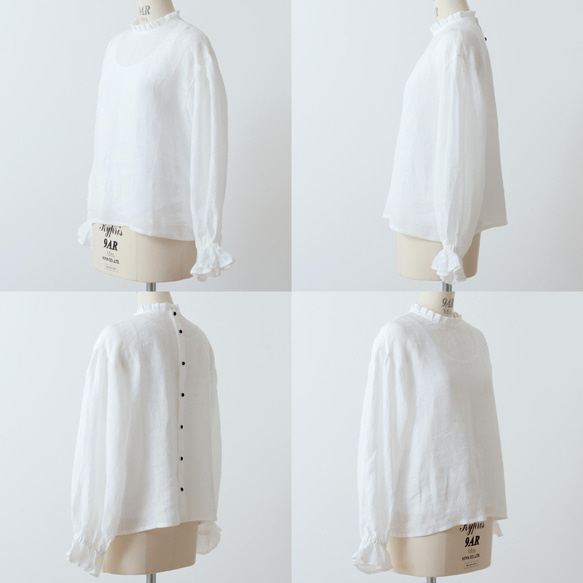 タックフリル衿が上品＊セレモニーにも＊バックくるみ釦ギャザースリーブリネンブラウス/オフホワイト なし