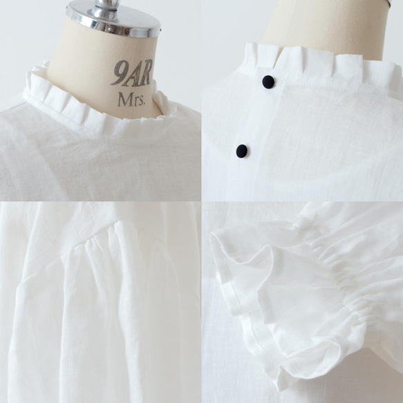 タックフリル衿が上品＊セレモニーにも＊バックくるみ釦ギャザースリーブリネンブラウス/オフホワイト なし