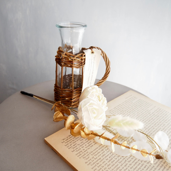 リニューアル✨【ソラフラワーと造花のブーケ付き】編み込み花器付き 4枚目の画像