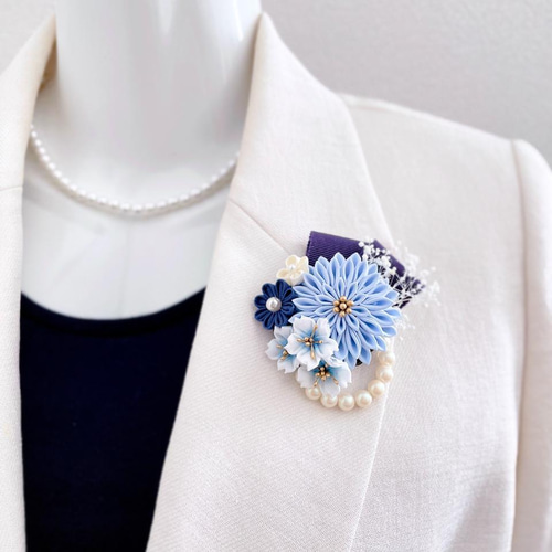 ダリアと桜のコサージュ＊Blueつまみ細工＊ 入学式 卒業式 結婚式 入園  