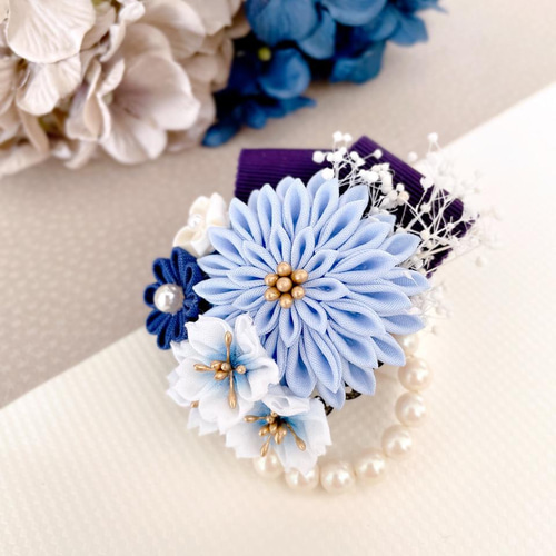 ダリアと桜のコサージュ＊Blueつまみ細工＊ 入学式 卒業式 結婚