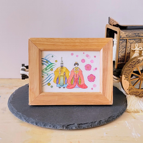 朱色の十二単を着たお雛様」フレーム入りですぐに飾れる水彩画 絵画