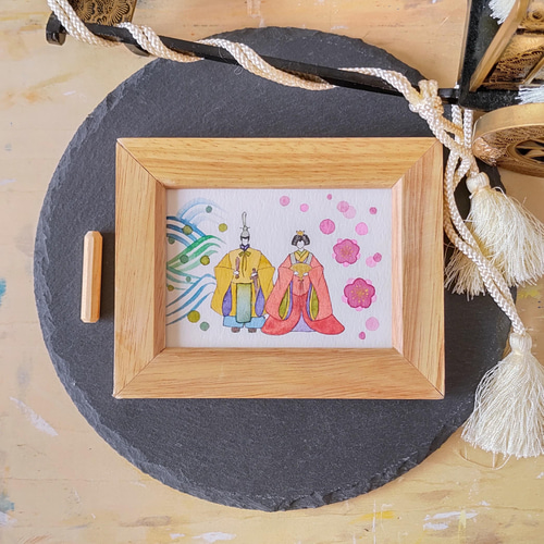 朱色の十二単を着たお雛様」フレーム入りですぐに飾れる水彩画 絵画