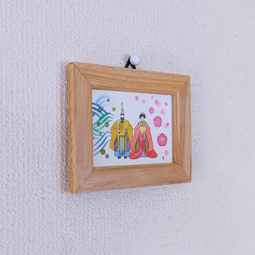 朱色の十二単を着たお雛様」フレーム入りですぐに飾れる水彩画 絵画