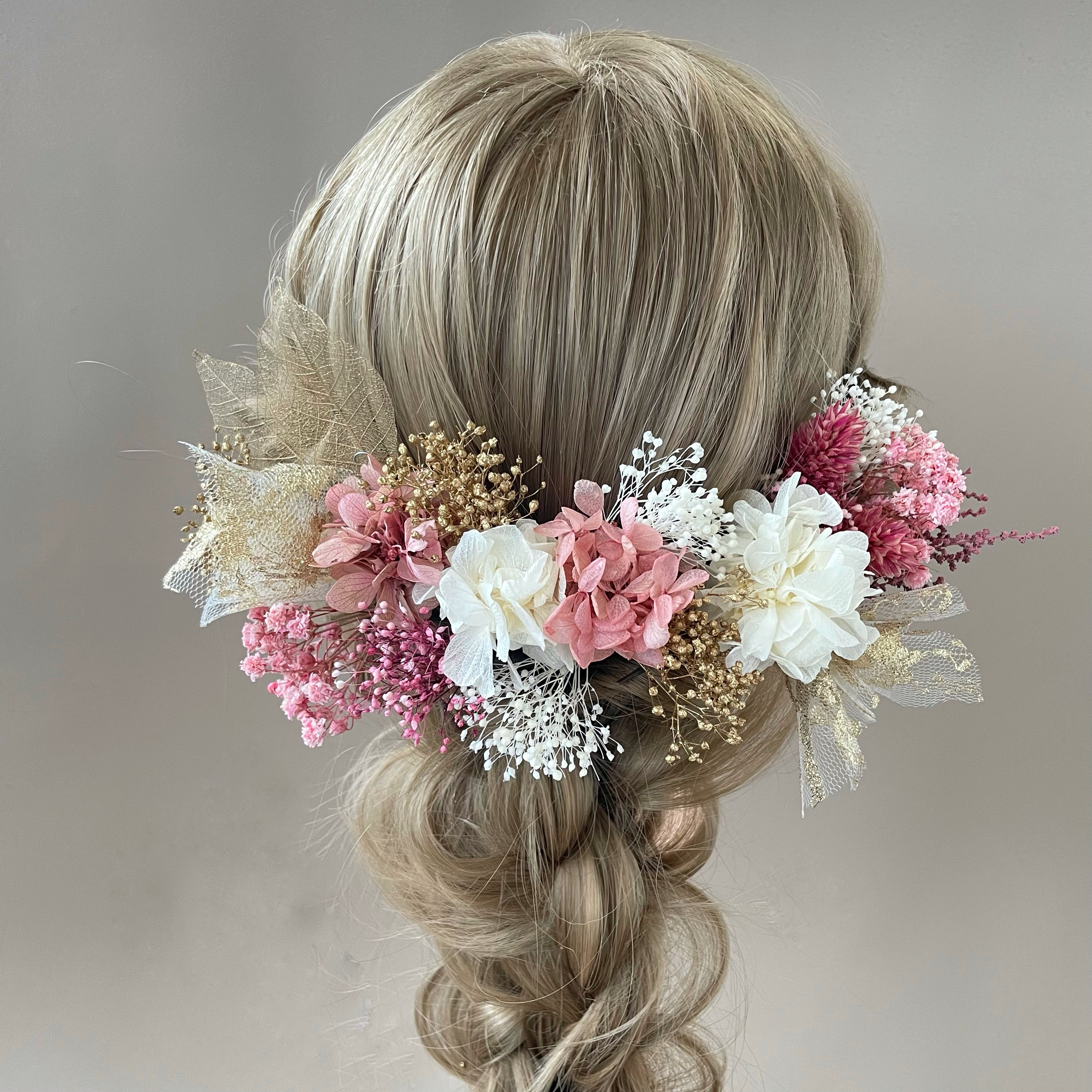 【rose】ピンク×ゴールド　お花の髪飾り　プリザーブドフラワー  ドライフラワー　結婚式　成人式　卒業式
