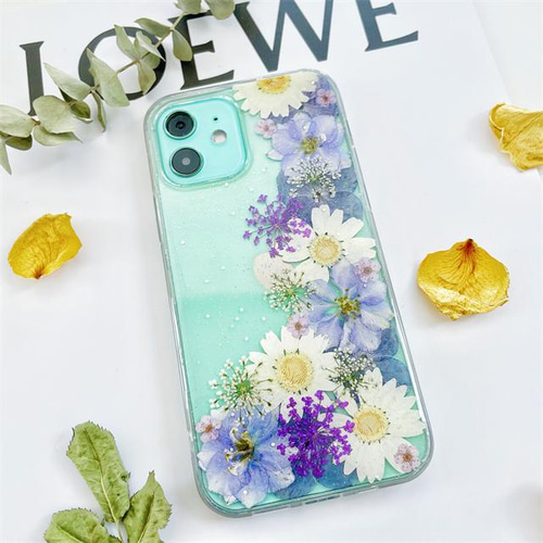 押し花スマホケース、全機種対応、手帳型、ストラップホルダ一