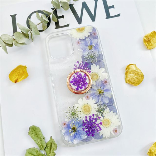 押し花スマホケース、全機種対応、手帳型、ストラップホルダ一