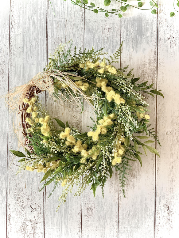 ミモザ春リース 玄関 インテリア ナチュラル ギフト お祝い アーティ  