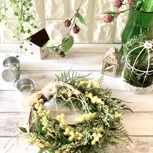 ミモザ春リース 玄関 インテリア ナチュラル ギフト お祝い アーティ  