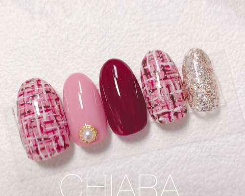 no.607]大人の赤ツイードネイル/バレンタイン/ブライダル/デート